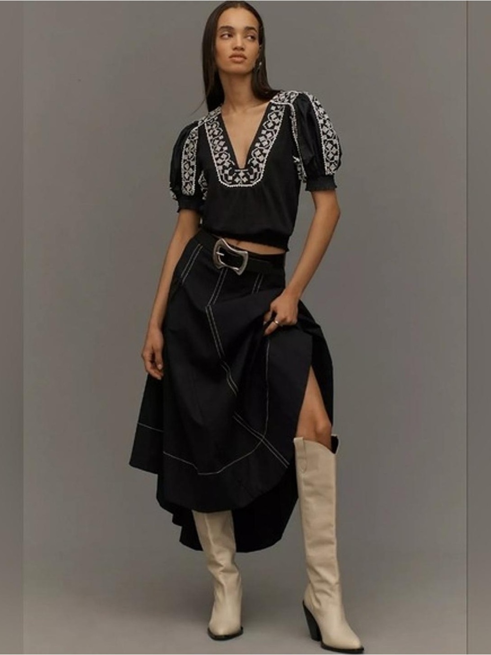 Anthropologie Black Puff-Sleeve V-neck Top with White Cross-stitch Embroidery S